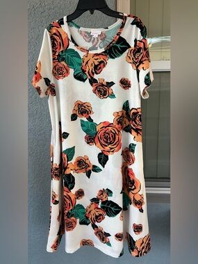 LuLaRoe Women’s Floral Swing Dress Rose Print Stretchy A-Line Casual Size L